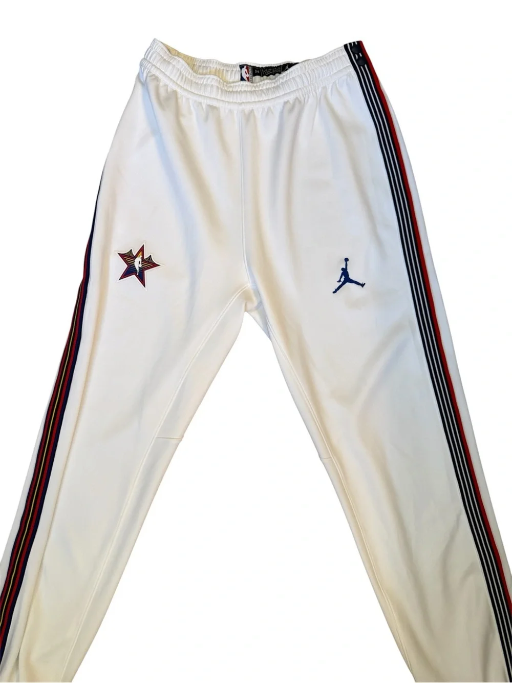Jordan White NBA Dri-FIT Tear Away Pants with Red, Blue and Yellow Accents